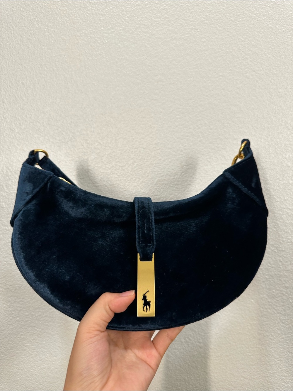 Ralph Lauren Navy Velvet Crescent Shoulder Bag with Gold Hardware - Picture 3 of 5